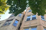 A Chicago-style three-flat building under the cover of bright green trees, angled from the ground up