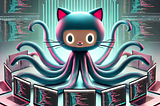 GitHub’s Octocat multitasking by developing open source projects on multiple laptops, courtesy of DALL-E