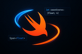 Swift programming language logo with dynamic blue and orange performance arrows, floating code snippets showing inline arrays syntax, modern tech illustration design