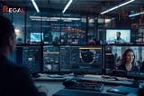 Developer monitoring OTT streaming analytics and video feeds on multiple computer screens in a modern control room, with Regal Streaming Solutions logo displayed in the corner.