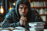 an image of a person who seems to be wrestling with a challenge or deep in thought, surrounded by books. If this image is to accompany a piece of your writing, you could draw a parallel between the concentrated gaze and the intense focus required to hone a skill, like writing. It’s a visual representation of the diligence and sometimes the overwhelm that comes with striving for improvement, whether it be in writing or any other pursuit. It serves as a powerful metaphor for the journey of persona