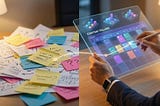 A split screen showing chaotic sticky notes versus a structured digital calendar, illustrating the benefits of ai content marketing.