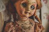 A close-up photograph of a weathered antique doll with auburn braided hair, cracked and aged painted face, mismatched glass eyes — one looking forward, one slightly askew — and a worn pink floral dress with fraying fabric. The doll is seated against a wooden surface with faded floral wallpaper visible in the background. The overall effect is unsettling and melancholy — a childhood object that has survived long past its context.