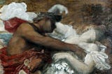 Painting of a male figure (Orpheus)in red ancient greek robes embracing a limp pale woman (Eurydice) wearing white.