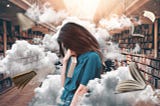 Woman holding a book in a library and other books around her are flying in the clouds.