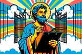 A pop art image of St. Peter standing at the pearly gates