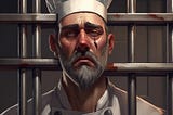 An image of a very sad male chef wearing a white chef’s jacket and a white chef’s hat. He is surrounded by jail bars.