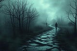 A human shaped figure walks down a dark path of shattered glass.