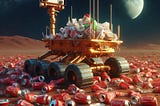 The martian rover ‘Insanity’ on planet Mars on 17th February 1955 with some garbage left behind by astronauts El Stuno and Johnny B. Good