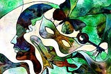 A person’s face in portrait, a mask, and a butterfly in a green dominant multicoloured design reminiscent of stained glass