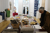 Artist Tajender Sagoo in the main exhibition room of the Threads of Change regenerative fibre festival at the Nehru Centre, London. [Credit: Khadi London]