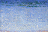 A pointillist painting of the sea and seashore, with mountains far away in the distance.