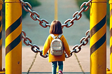 A cartoon image of a young girl walking toward two yellow poles with chains running from one pole to the other.