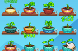 Screen capture showing rows of bonsai pots with plants which have bills as opposed to leaves.