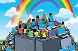 A bunch of teenagers sitting on a pile of defunct laptops and watching with wonder a beautiful rainbow in the sky.