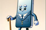 A cartoon-style anthropomorphic smartphone with arms and legs, wearing a small, tailored suit, and holding a cane. The smartphone’s screen serves as its body, with no human facial features, exuding a whimsical and elderly charm.