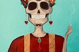 A mural on a blue wall. The mural depicts a sugar skull — a female-appearing skeleton covered in flowers and hearts. She is smoking a cigarette and grinning. Her unibrow suggests that she is Frida Khalo, or at least an homage to her.