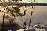 Frozen lake with snow covering it and tress in the foreground