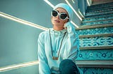 A woman wearing sunglasses sitting on a stair case.
