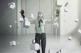 Adam, holding up both his hands as white cubes float all around him, in the process of crashing back down to the earth.