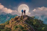 A stunning, hyper-realistic digital painting of two hikers standing triumphantly atop a mountain peak.