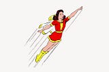 Comic book drawing of a female superhero flying.
