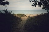 Photo of a sandy trail surrounded by greenery. It leads to a sandy shore with an expansive view of the ocean.
