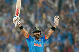 India’s Virat Kohli celebrates his century during the ICC Men’s Cricket World Cup match between India and Bangladesh in Pune, India, Thursday, Oct. 19, 2023.