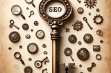 An image capturing the essence of “Unlocking the Power of Creativity in SEO” with a vintage key and SEO icons.
