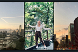 Author Dana Pietralla in the Brazilian jungle, surrounded by images of Sao Paulo City