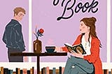 Kindle cover for By The Book by Amanda Sellet. Brunette girl sits reading at a coffee shop table while cute boy walks past the window outside.