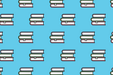 A pattern made up of a repeated icon of three books in a pile on top of each other. The top book has a lilac cover, the middle book has a green cover and the bottom book has a peach coloured cover. The piles of books are on a bright blue background.