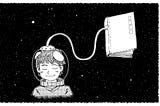 A black and white drawing of a dreaming boy in outerspace with a helmet on and a cord going from his helmet to a book floating in space with stars in the back ground.