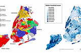 Maps illustrating race and ethnicity vs. median household income in New York City.