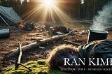 A man wakes up on the ground at a campsite at dawn with the fire smoldering and the sun breaking through the trees.