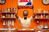 “Triumphant salt man:” a diorama of a retro orange kitchen with a close-up of a man with glasses triumphantly holding a BIG box of salt above his head