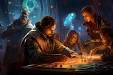 A group of fantasy characters sitting around a game table playing a ttrpg in the future.