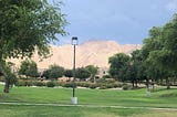 A suburban park with green grass and a sunlit desert mountain looming over it.