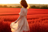 Sunset. Woman over a Crimson Field.