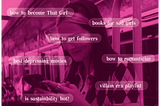 Zoey Deutch portraying Danni in “Not Okay” covered in text bubbles reading: how to become That girl, books for sad girls, how to get followers, how to romanticize, best depressing movies, villain era playlist, is sustianability hot?