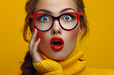 a woman being surprised with an open mouth and one hand covering it, wearing with eye glasses. A studio shot, contrasting colors, single vivid color flat background color