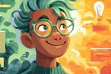 Colorful illustration of a smiling person with teal hair and large green glasses looking upward. The background transitions from cool blue and green tones with clouds on the left to warm orange and yellow tones with light and floating rectangular shapes resembling code or data panels on the right, symbolizing creativity and ideas.