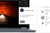 A laptop screen displaying Adobe Lightroom with an edited photo of a red torii gate pathway. To the right, additional photo editing apps like BeFunky, Pixlr, and Google Photos are listed with their respective descriptions and ‘Get it’ or ‘Launch’ buttons.