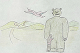 colored pencil drawing of a giant green, furry monster and a pink and blue bird. A girl is hugging the bear and they are standing in the green hills.