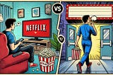 IMAGE: A comic-style illustration with two panels, one showing a person watching Netflix at home and the other with the same person going to the cinema