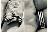 Two closeups of a wedding ring on a finger