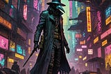 Plague Doctor is on very high stilts, floating mid-air as the world around rages in Klimt and Cyberpunk style with elements of Dali and Giger style — colorful, high resolution.