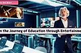 A futuristic classroom with glowing blue lights, multiple screens, and students working on laptops. In the foreground, a hologram of Ben Kingsley as Isaac Newton, dressed in a suit with white hair and a beard, speaks passionately. Behind him, a screen shows a hologram of the real Isaac Newton in period clothing holding compasses. A pink label says “The Liat Show,” and a banner reads “Join the Journey of Education through Entertainment.