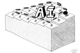 An illustration of a steps illusion. A drawing of infinite steps around a floating AI with a ball of make bounding around the impossible shape.