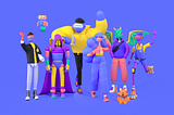 A Polywork illustration of digital characters, including whimsical dragons, robots and humans